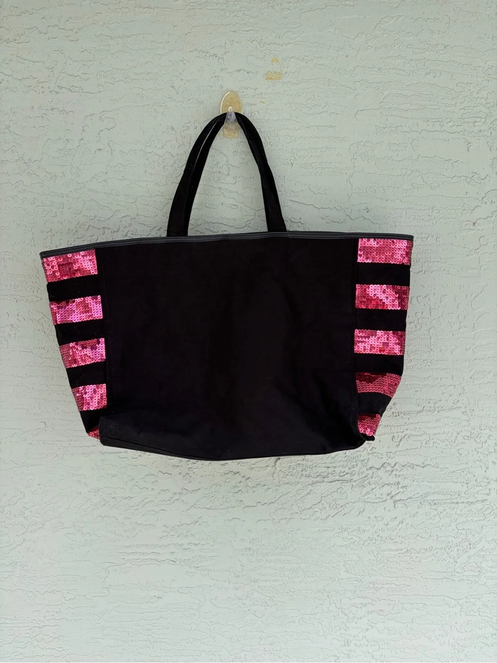 Victoria's Secret Black Tote with Pink Sequin Logo and Stripes